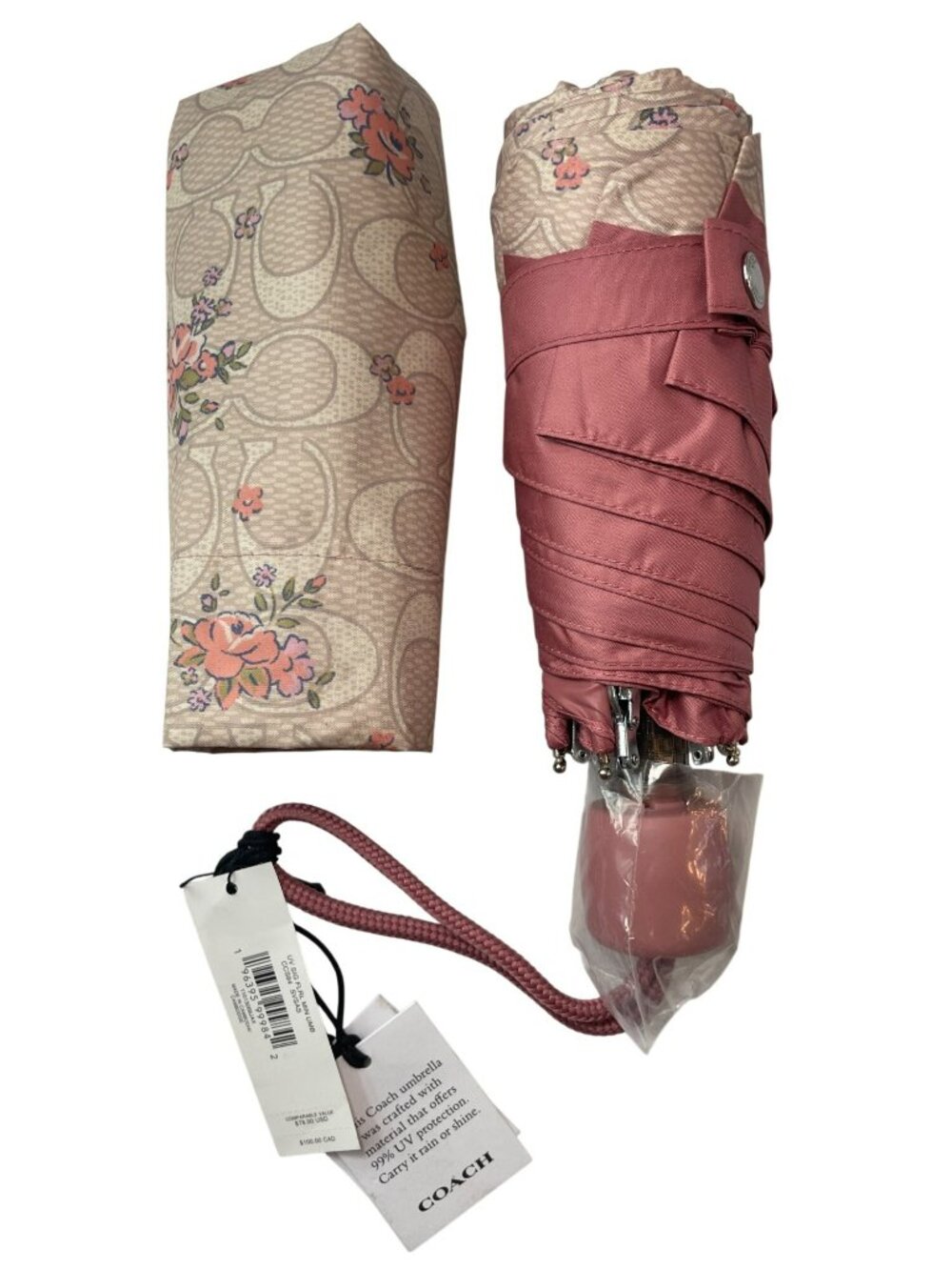 Coach Pink Floral Signature UV Protection Mini Umbrella With Case MSRP$78 NWT - Picture 2 of 4